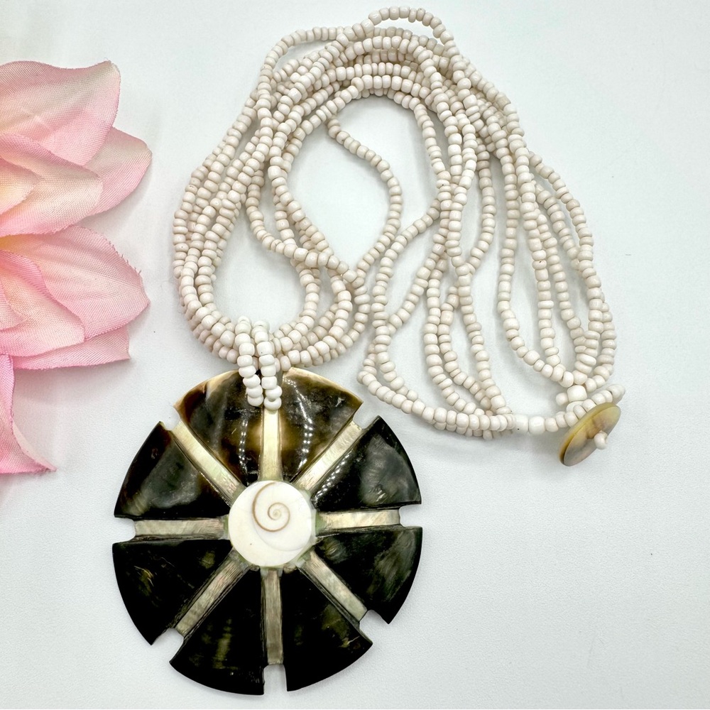 Carved Shell Pendant Necklace White Glass Seed Bead Multistrand Beach Boho Tribe